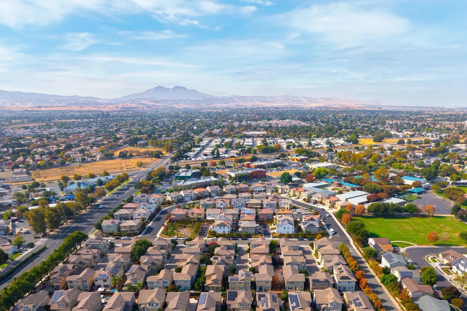 Aerial view of Brentwood neighborhoods with Mt. Diablo on the horizon